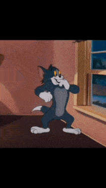 a cartoon character named tom is standing in a room with a window