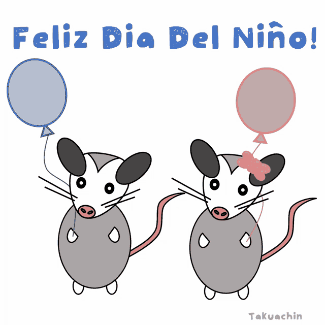 two mice holding balloons with the words feliz dia del niño written above them