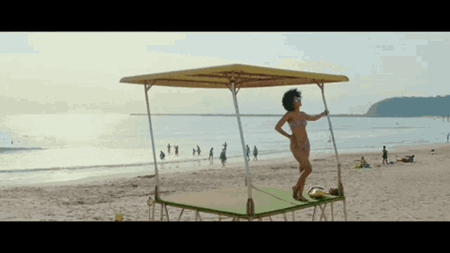 a woman in a bikini stands on a green platform on the beach