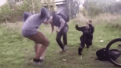 a group of young men are fighting in a grassy field .
