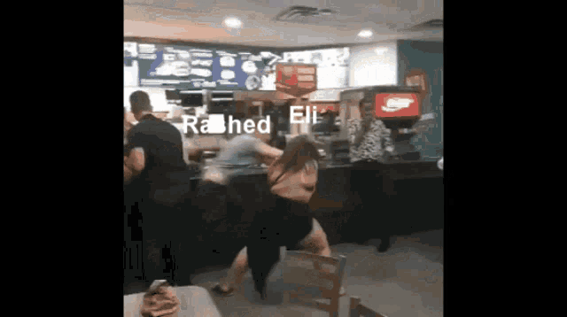 a group of people are fighting in a restaurant with the word eli on the bottom left