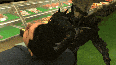 a video game character is holding a man 's head in front of a meat display