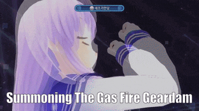 a video game character with purple hair is summoning the gas fire geardam