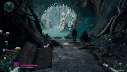 a screenshot of a video game shows a man walking through a tunnel