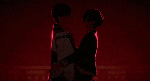 two anime characters are hugging each other in front of a heart