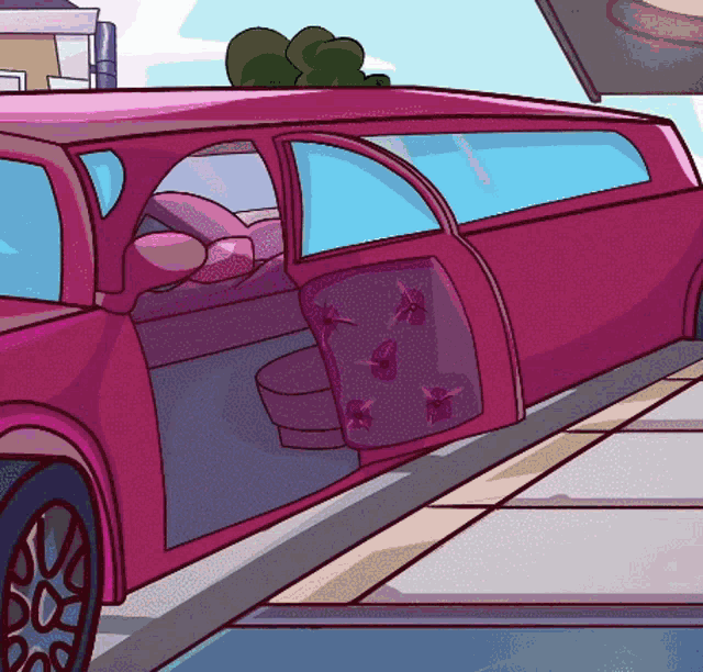 a cartoon of a pink car with the door open