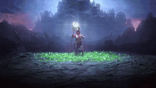 a woman is standing in a field holding a glowing object