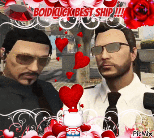 a picture of two men with hearts and the words boidkuck best ship written above them