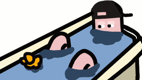 a cartoon of two people in a bathtub with one wearing a black hat