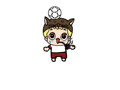 a cartoon of a boy wearing a cat hat and a soccer ball on his head