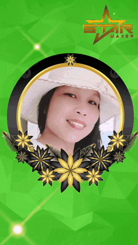 a woman in a hat is surrounded by flowers and a star that says star make