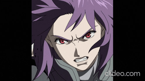 a close up of a purple haired anime character with red eyes and clideo.com in the corner