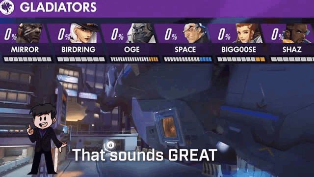 a cartoon character stands in front of a screen that says gladiators