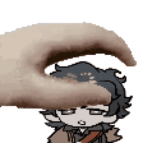 a pixel art of a hand touching a cartoon character 's head