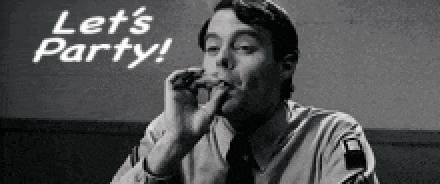 a man is eating a hamburger in a black and white photo with the words `` let 's party ! ''