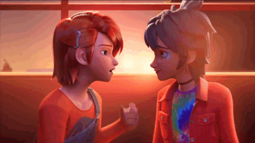 a couple of cartoon characters standing next to each other and looking at each other