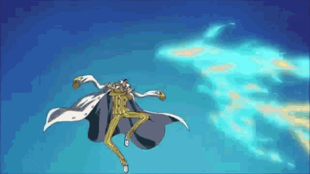 a cartoon character is flying through the air in front of a blue sky .