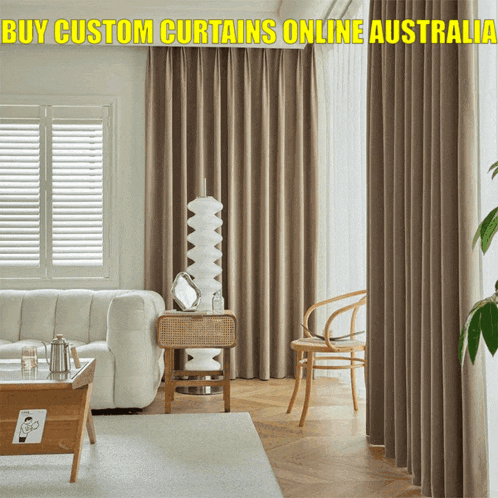 a living room with the words buy custom curtains online australia on the top