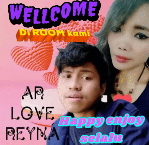a man and a woman are standing next to each other with the words " welcome di room kami " above them
