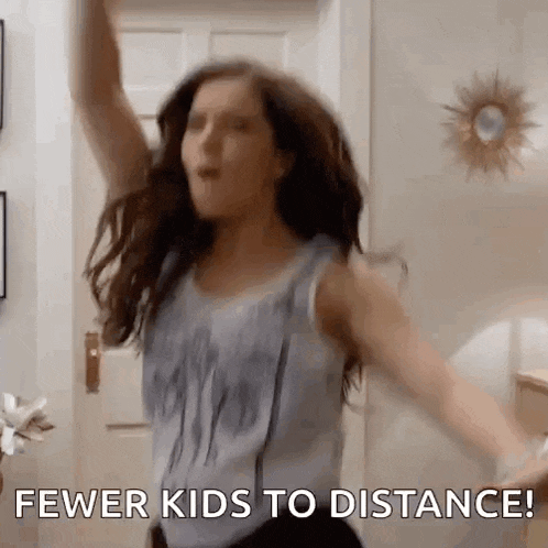 a woman is jumping in the air with her arms outstretched and the words `` fewer kids to distance '' written below her .