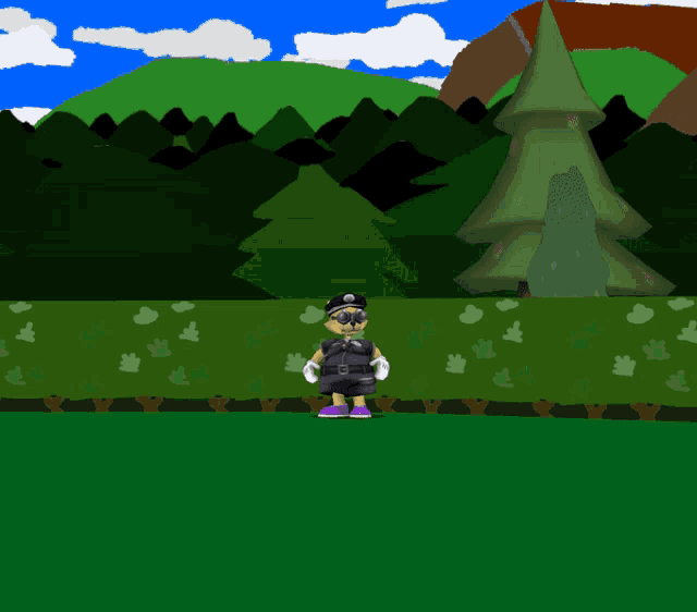 a teddy bear wearing a police uniform and goggles stands in a field