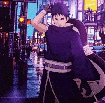 a cartoon character is standing on a rainy street