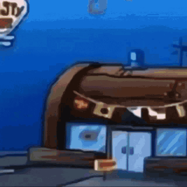 a cartoon drawing of a building with a sign that says spongebob