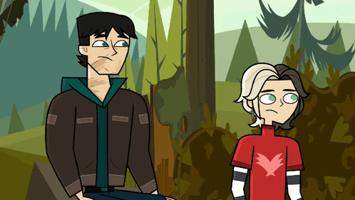 a boy in a red shirt with a bird on it stands next to another boy