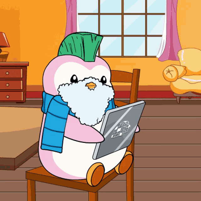 a penguin with a mohawk and a scarf is sitting in a chair using a laptop