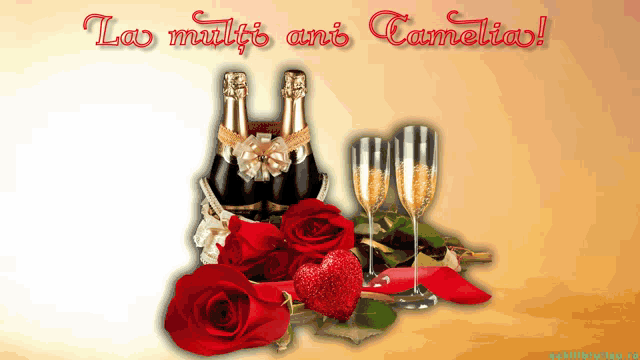 a greeting card with two bottles of champagne roses and two glasses