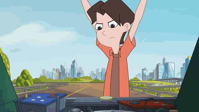 a cartoon of a man standing in front of a car with his arms in the air