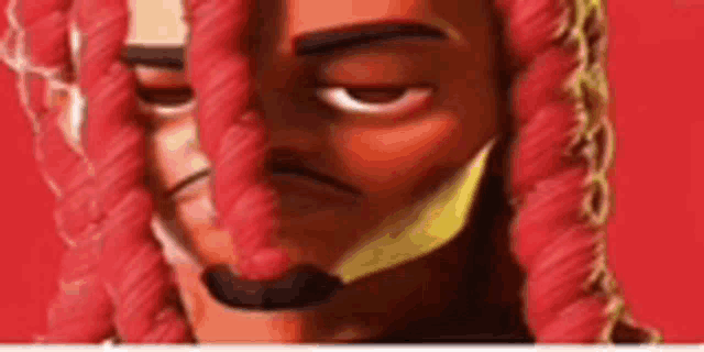 a close up of a cartoon character with red hair and a beard on a red background .
