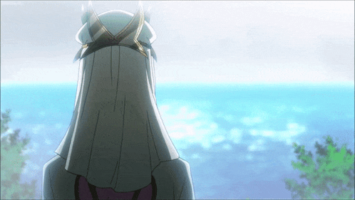 a woman with a crown on her head is looking out over the ocean