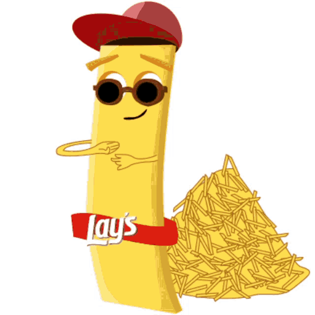 a cartoon character is wearing sunglasses and a red hat and is holding a pile of lays french fries