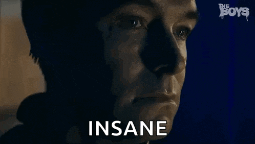 a close up of a man 's face with the words `` insane '' written next to him .