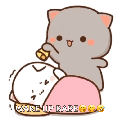 a cartoon of a cat laying on top of another cat with the words wake up babe on the bottom