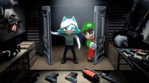 a cat and a boy are standing in a room with a lot of toys