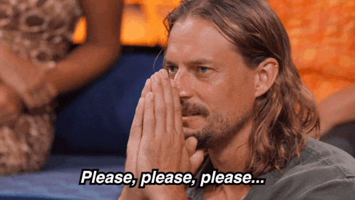a man with long hair and a beard is praying with the words please please please written below him