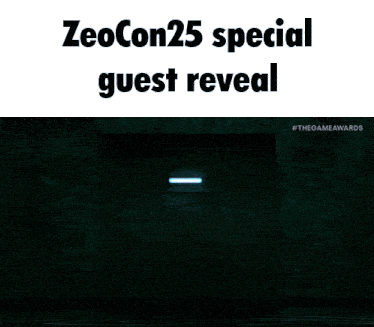 a man walking through a door with the words zeocon25 special guest reveal on the bottom