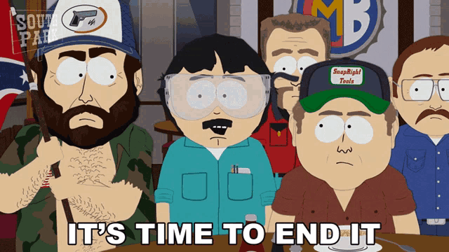 a group of south park characters sitting at a table with the words it 's time to end it above them