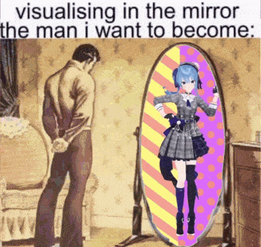 a man standing in front of a mirror with a picture of a girl in the mirror