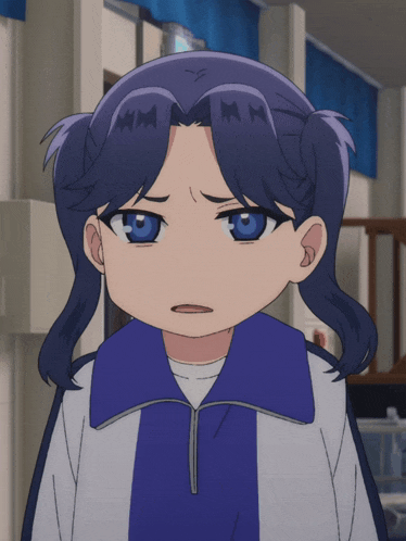 a girl with blue hair and a white shirt is making a funny face
