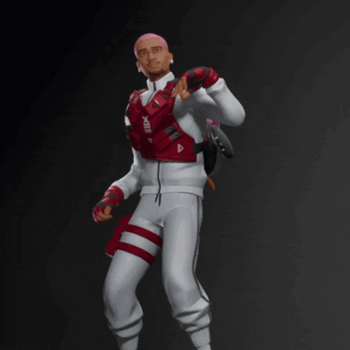 a man with pink hair is wearing a white jacket and red vest with the letter a on it