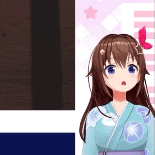 a brown haired anime girl in a blue kimono with a butterfly on her head