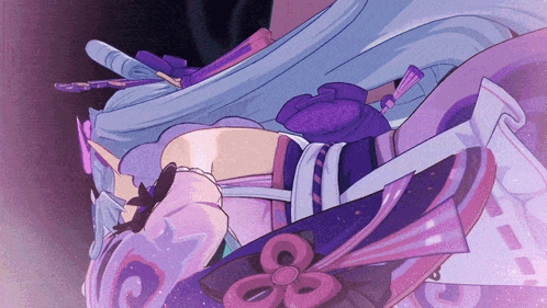 a close up of a purple and pink anime character with a purple flower on her chest