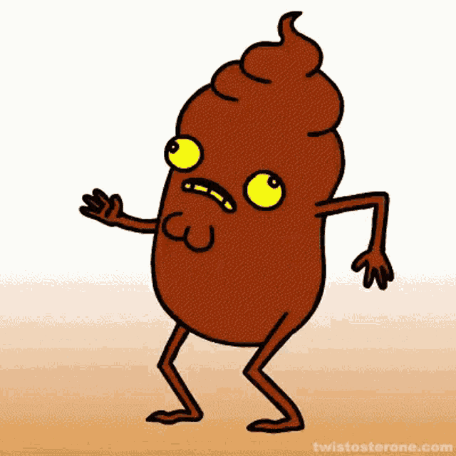 a cartoon drawing of a poop with yellow eyes and legs