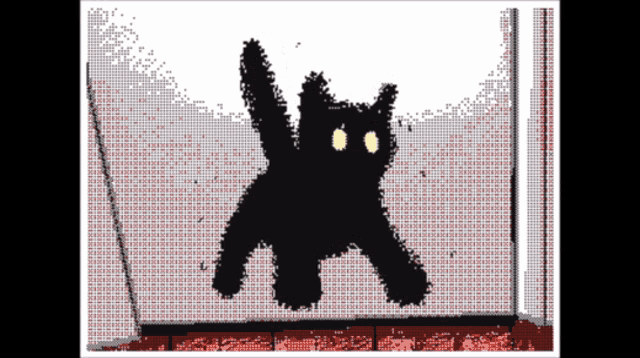 a drawing of a black cat with yellow eyes on a white background