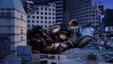 a giant robot is laying on a pile of rubble in front of a city