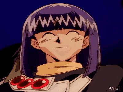 a cartoon character with purple hair is smiling and wearing a scarf around his neck