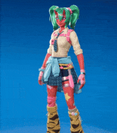 a cartoon character with green hair and red skin is standing on a blue background